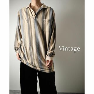 ヴィンテージ(VINTAGE)のマルチストライプ オーバーサイズ 長袖 ポロシャツ ニットシャツ XL 90s(ポロシャツ)