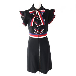 グッチ(Gucci)の未使用品△GUCCI グッチ 2019年製 467507 Sylvie Web stretch jersey dress スリーブウェブストレッチジャージードレス リボン付き 半袖 ワンピース フロントフルジップ ブラック 青 赤 白 XS イタリア製 正規品 レディース(ひざ丈ワンピース)