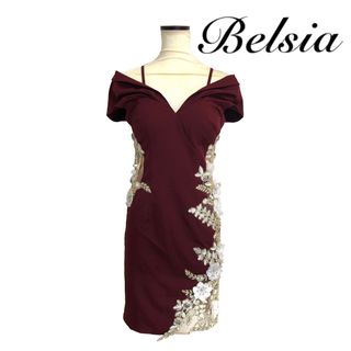 Belsia ベルシア ドレス M 立体花柄レース オフショル ワインレッド(ナイトドレス)