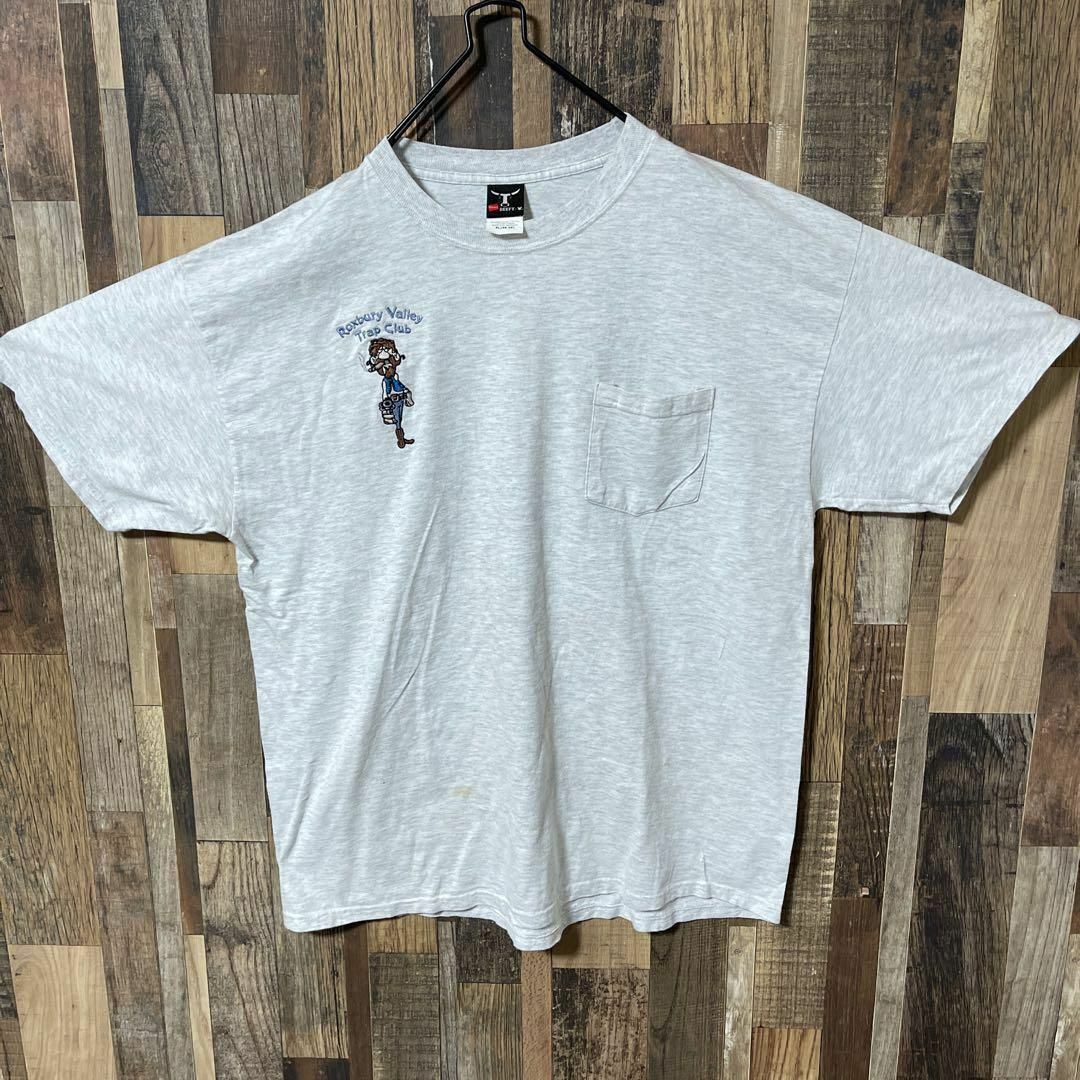 Hanes(ヘインズ)のヘインズ 刺繍 グレー メンズ XL ポケT USA古着 90s 半袖 Tシャツ メンズのトップス(Tシャツ/カットソー(半袖/袖なし))の商品写真