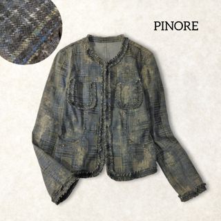 ピノーレ(PINOLE)のピノーレ ✿ ノーカラー デニム ジャケット Gジャン チェック 春 個性的(Gジャン/デニムジャケット)