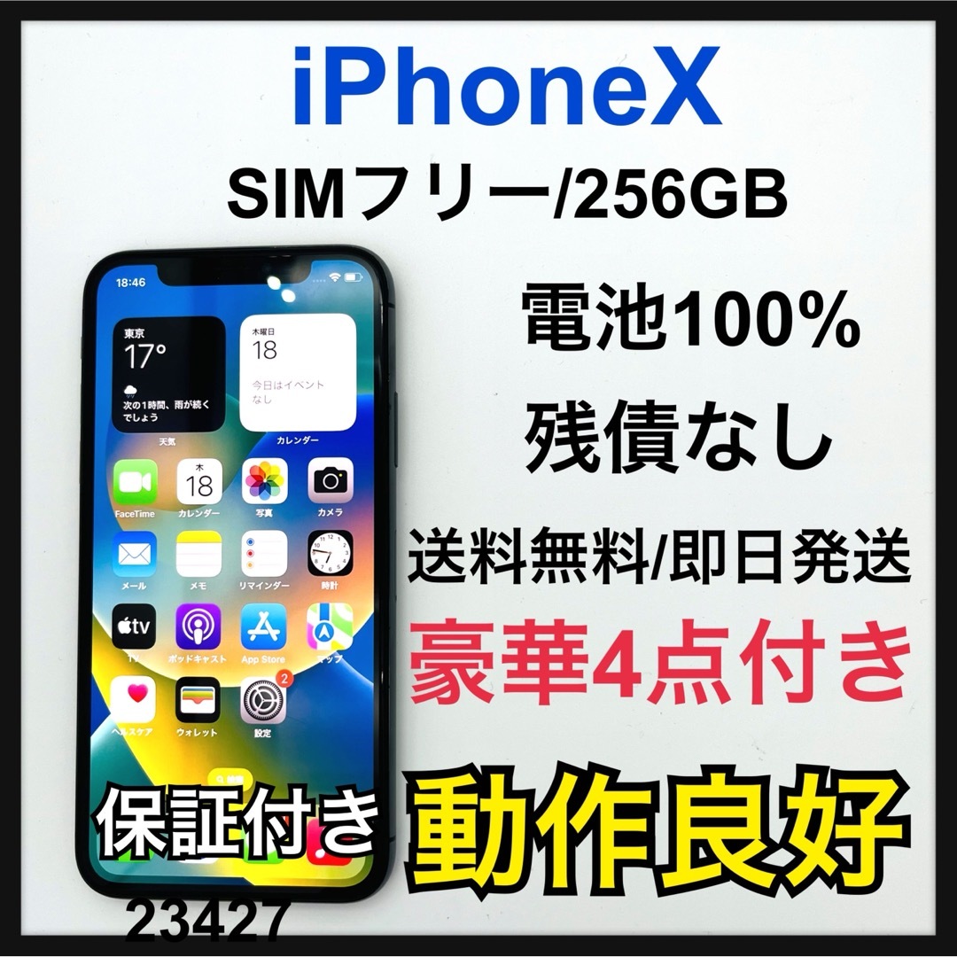 iPhone(アイフォーン)の100% iPhone X Space Gray 256 GB SIMフリー スマホ/家電/カメラのスマートフォン/携帯電話(スマートフォン本体)の商品写真