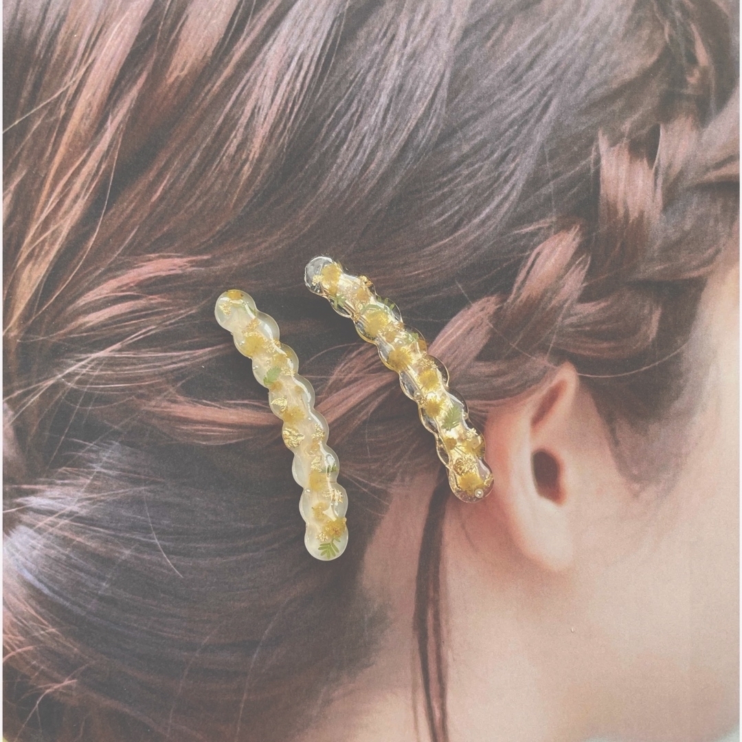 ミモザ✿︎カーブヘアクリップセット レディースのヘアアクセサリー(バレッタ/ヘアクリップ)の商品写真