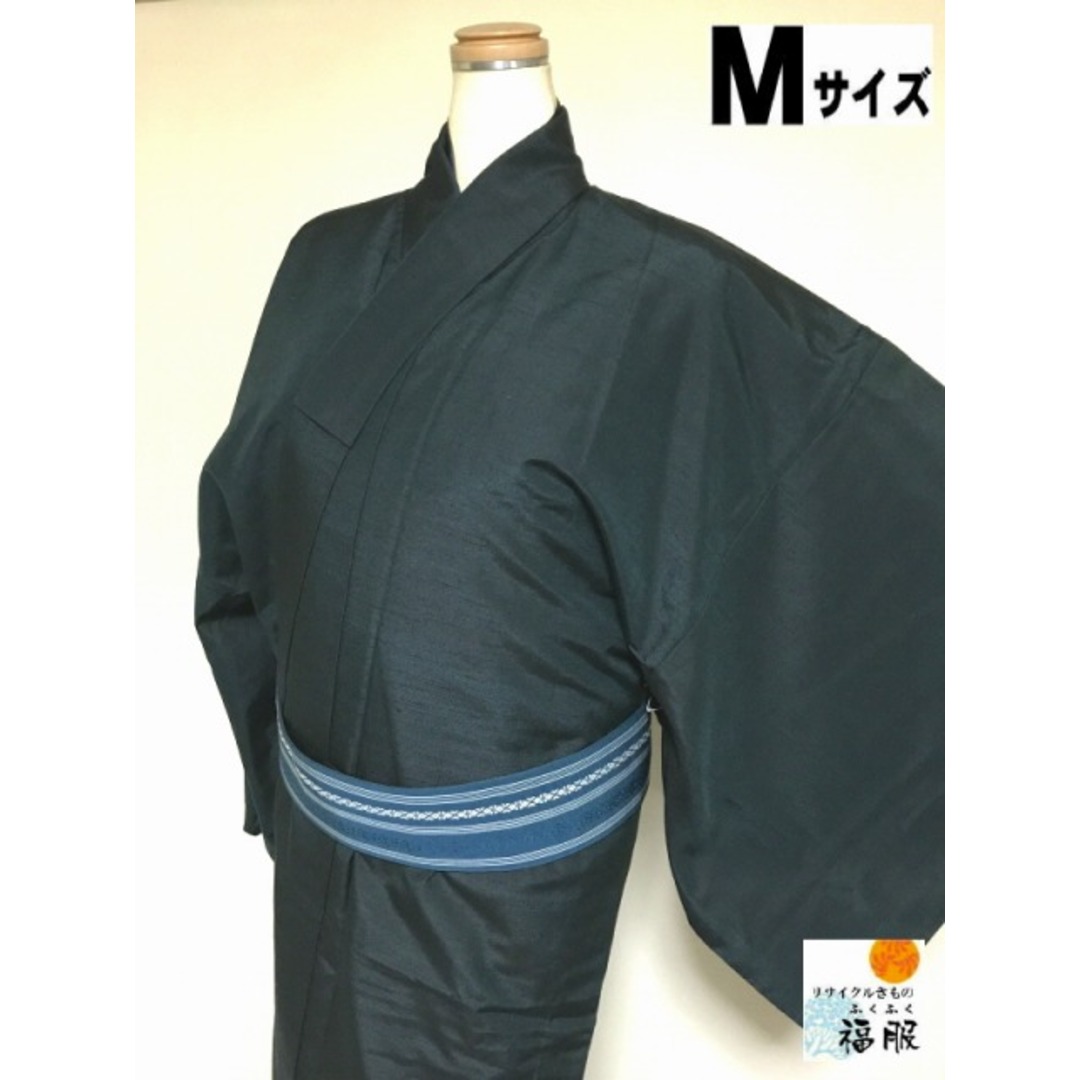 【中古】紬 男物 正絹 深緑 裄70.5 Mサイズ リサイクル  メンズの水着/浴衣(着物)の商品写真