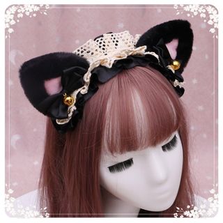 ネコ耳カチューシャ 黒猫 くろ 黒 猫耳 ねこみみ リボン コスプレ ロリータ(アクセサリー)