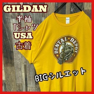 ギルダン メンズ 機関車 プリント オレンジ系 2XL 古着 半袖 Tシャツ(Tシャツ/カットソー(半袖/袖なし))