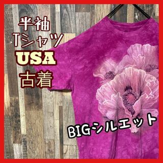 タイダイ柄 メンズ 花 ピンク プリント 2XL 古着 90s 半袖 Tシャツ(Tシャツ/カットソー(半袖/袖なし))