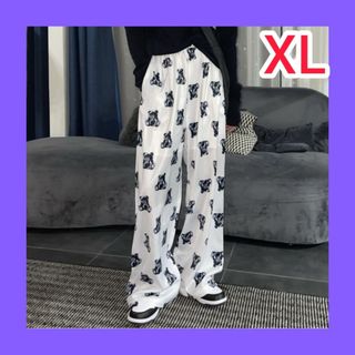 レディース パンツ 白 XL ゆったり ベアー プリント くまさん(その他)