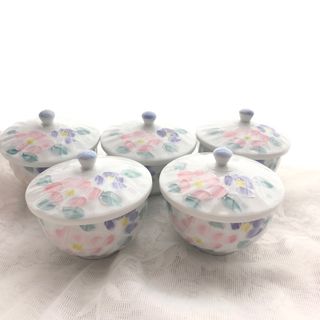 茶碗 5客 セット ピンク パープル お花 かわいい 蓋付き(食器)