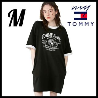 トミージーンズ(TOMMY JEANS)のトミージーンズ★オーバーサイズ ロゴ Tシャツワンピース★黒★M★レディース(ミニワンピース)