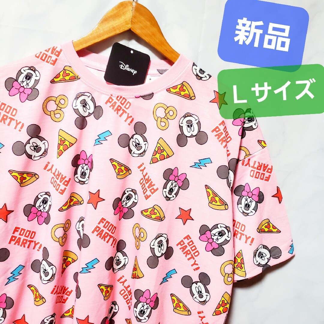 Disney(ディズニー)の新品 ディズニー tシャツ ミッキー レトロ 半袖 ミニーちゃん 総柄 ピザ レディースのトップス(Tシャツ(半袖/袖なし))の商品写真