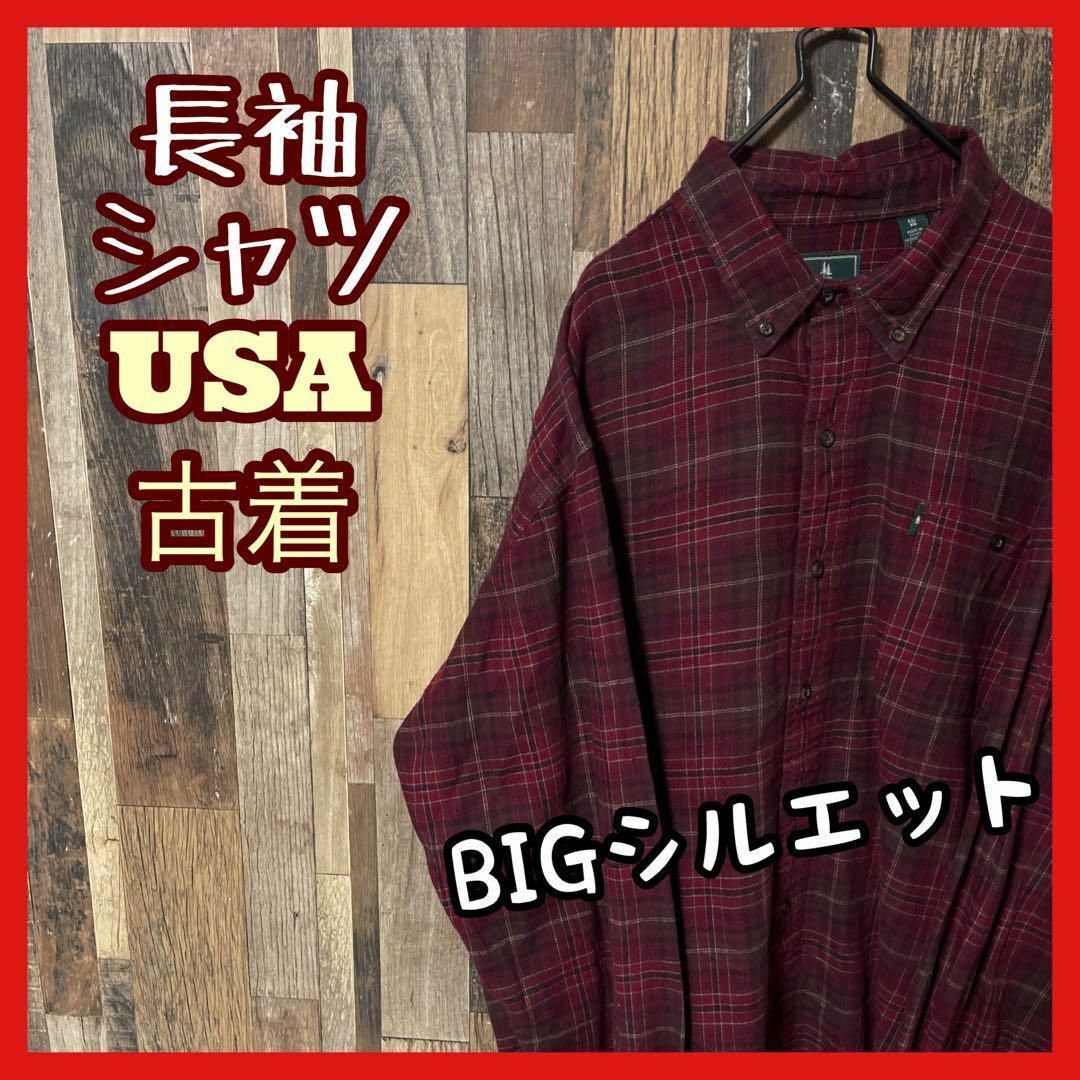 ボタンダウン XL チェック メンズ レッド シャツ USA古着 90s 長袖 メンズのトップス(シャツ)の商品写真