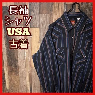 ストライプ ブラック メンズ L ネイビー シャツ USA古着 90s 長袖(シャツ)