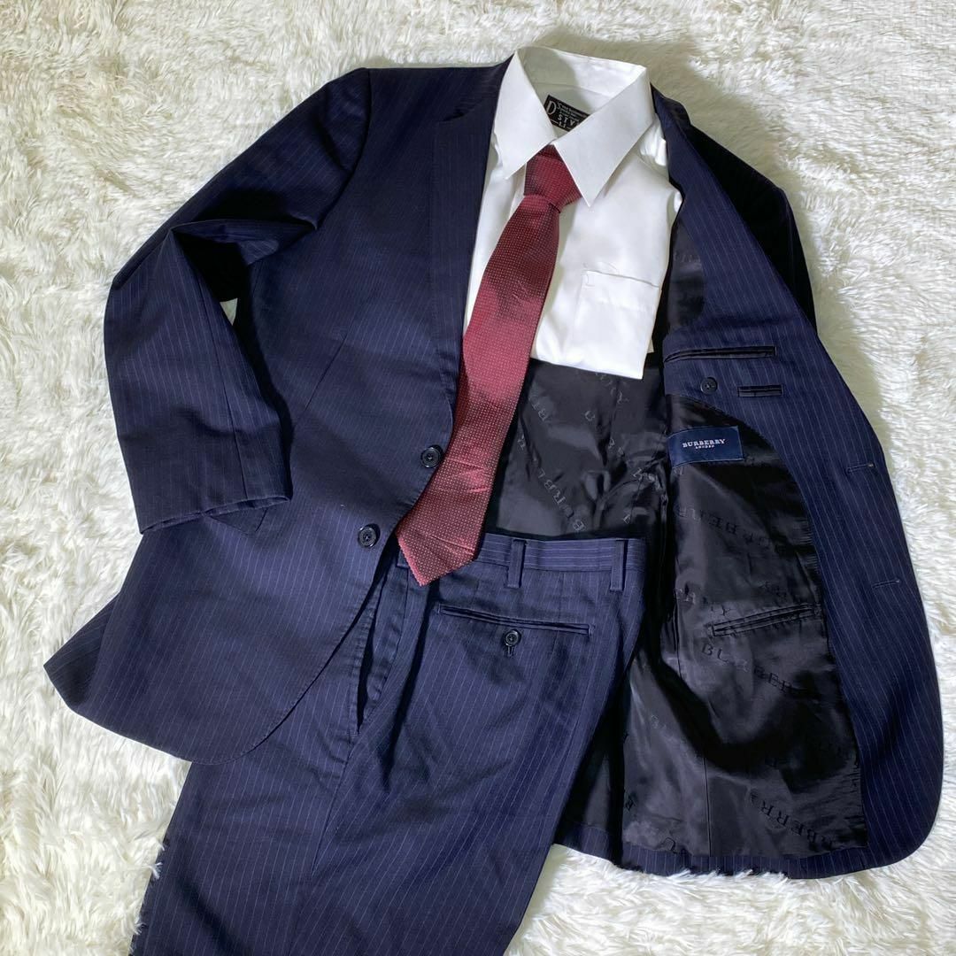 BURBERRY(バーバリー)のバーバリーロンドン　スーツ　セットアップ　総裏地　紺　ストライプ　(L) メンズのスーツ(セットアップ)の商品写真