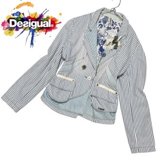 DESIGUAL - Desigual デジグアル テーラードジャケット ヒッコリー コサージュ付き