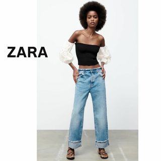 ザラ(ZARA)のZARA ザラ　ニット　トップス　黒　ブラック　パフ袖　白　レース(ベアトップ/チューブトップ)