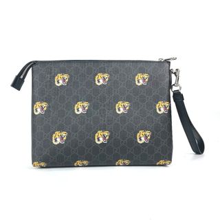 グッチ(Gucci)のグッチ GUCCI GG タイガー 虎 709057 GGスプリーム ストラップ ポーチ カバン クラッチバッグ GGスプリームキャンバス グレー(セカンドバッグ/クラッチバッグ)