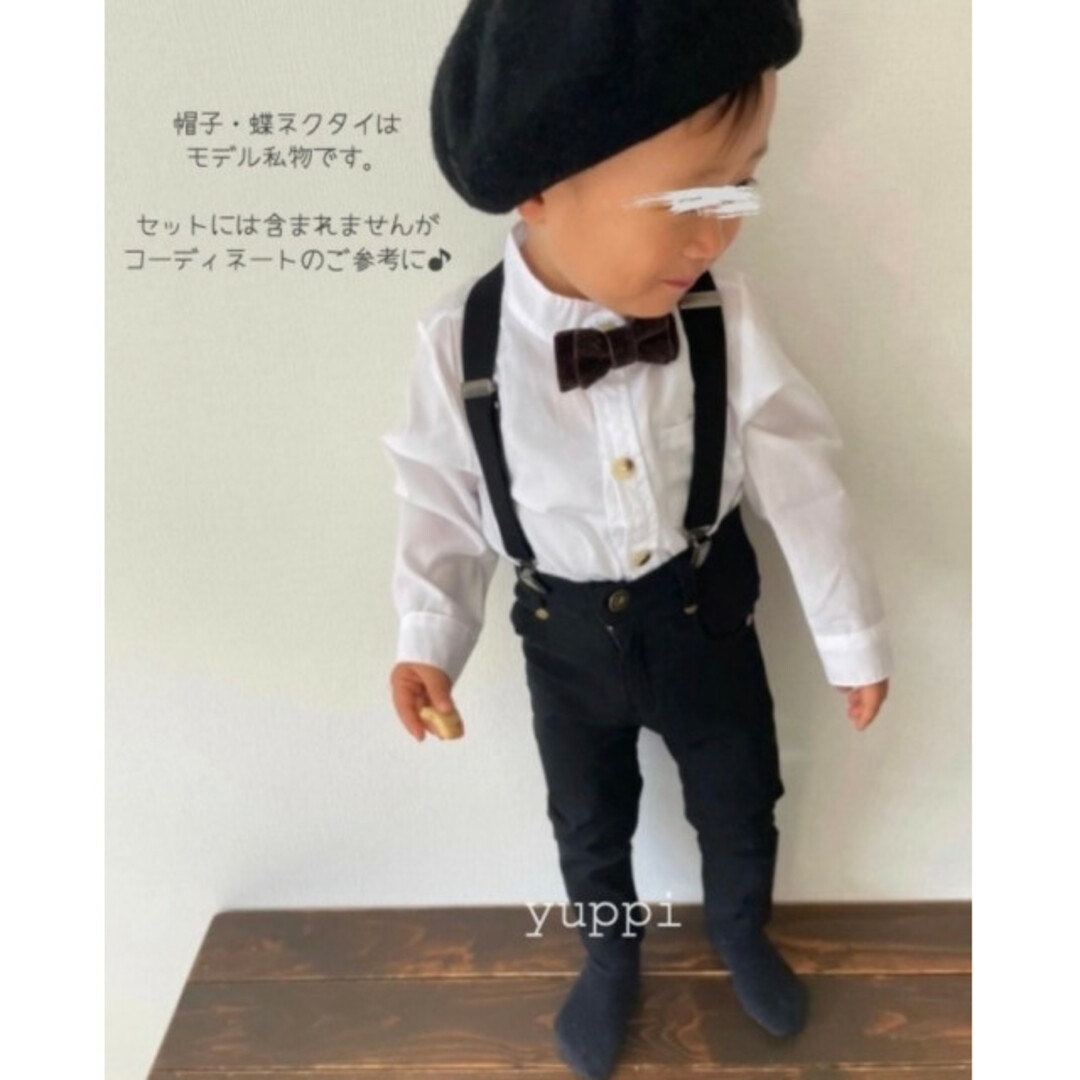 110 子ども ノーカラーシャツ パンツ サスペンダーセット おしゃれ 新品 白 キッズ/ベビー/マタニティのキッズ服男の子用(90cm~)(ドレス/フォーマル)の商品写真