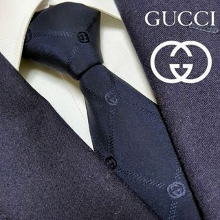 Gucci - グッチ ネクタイ インターロッキング 無地 ハイブランド 高級シルク 光沢感 紺