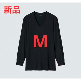 ユニクロ(UNIQLO)の新品　ユニクロ　ヒートテックVネックT（9分袖）Mサイズ　ブラック(Tシャツ/カットソー(七分/長袖))