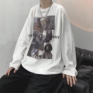 メンズ　ロンT　ホワイト　XL　プリント　シンプル　韓国　原宿系　長袖　ゆったり(Tシャツ/カットソー(七分/長袖))