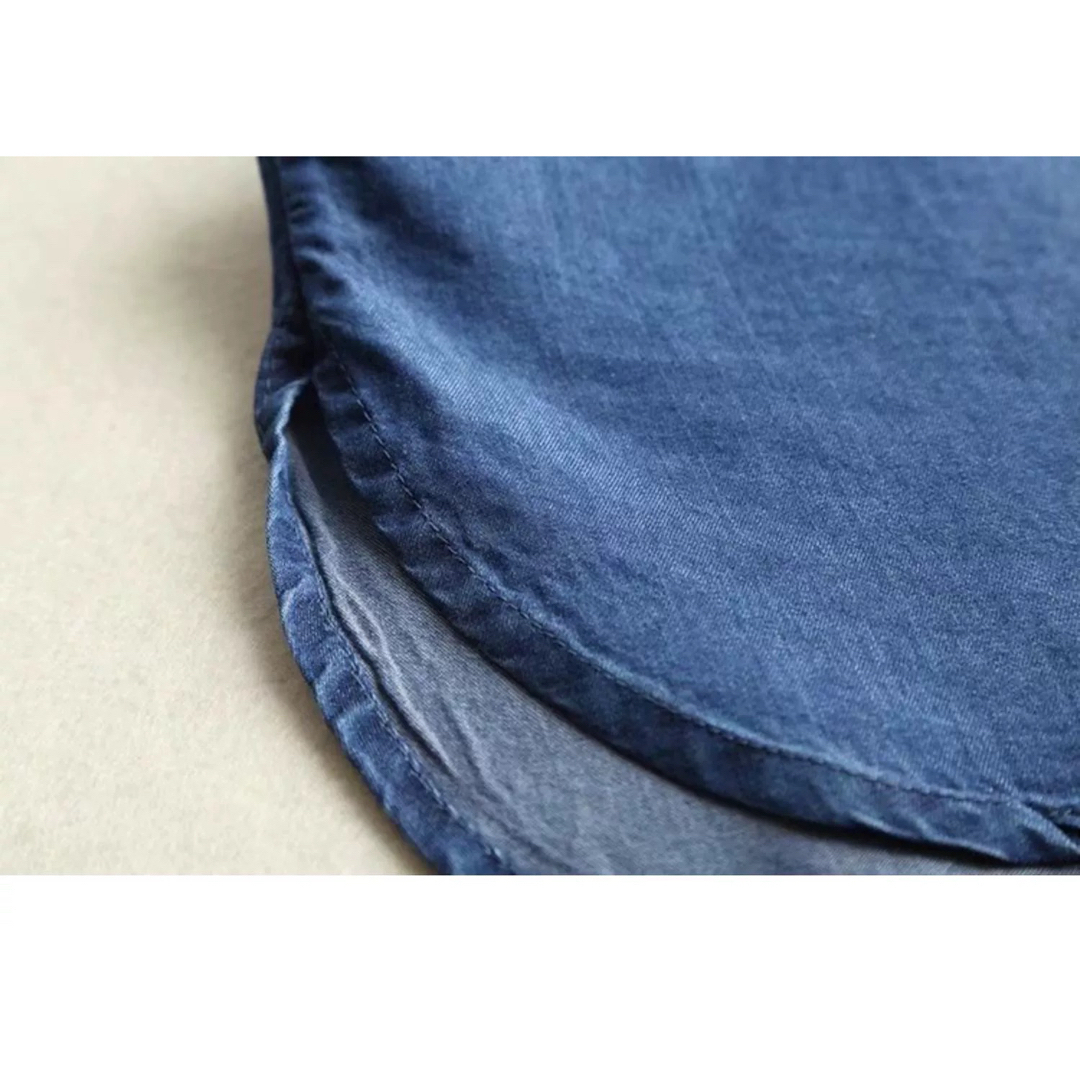 新品　レディース　長シャツ　ブルー　刺繍　M レディースのトップス(シャツ/ブラウス(長袖/七分))の商品写真