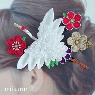 ちまちま様---つまみ細工 ❁ 髪飾り 【鶴セット】(ヘアアクセサリー)