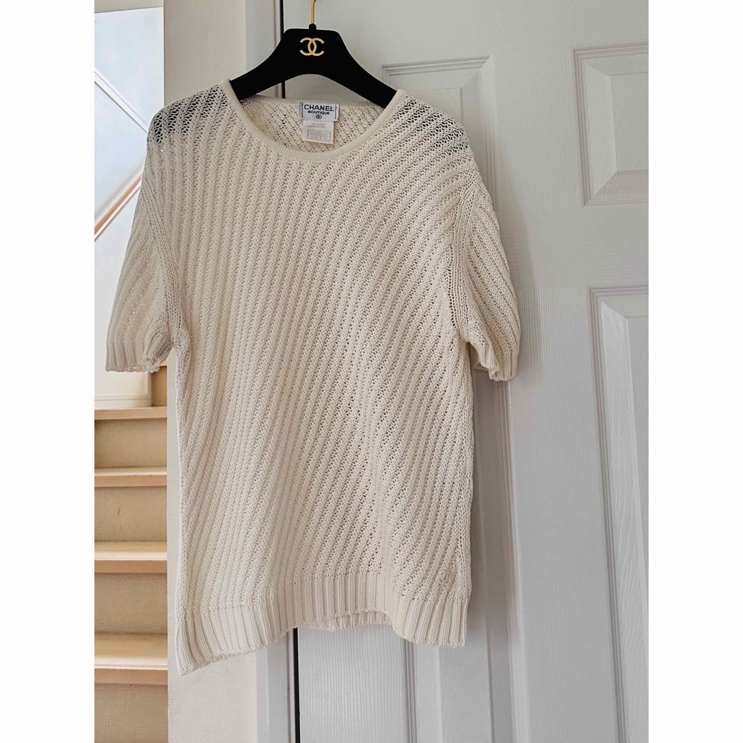シャネル CHANEL オープンニットTシャツ セーター 半袖 白 ホワイト シャネル CHANEL オープンニットTシャツ セーター 半袖 白 ホワイト