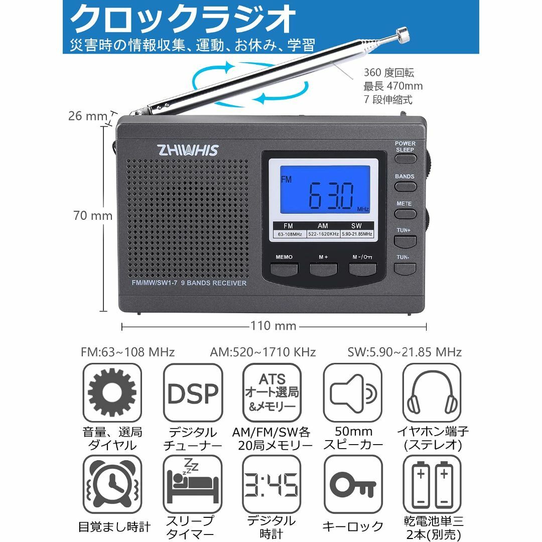 【カラー: グレー】ZHIWHIS ラジオ 小型ポータブル FM/AM/SW ワ スマホ/家電/カメラのオーディオ機器(ラジオ)の商品写真