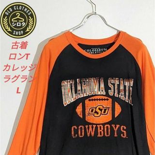 古着 ロンT ラグラン オクラホマ カウボーイズ カレッジ 黒 オレンジ(Tシャツ/カットソー(七分/長袖))