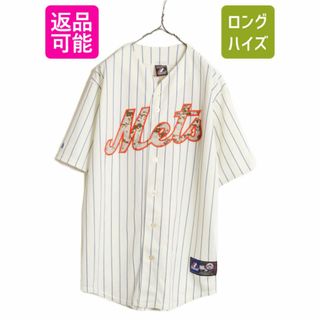 USA製 MLB オフィシャル Majestic メッツ ベースボール シャツ メンズ M ユニフォーム ゲームシャツ メジャーリーグ 半袖シャツ ストライプ(ウェア)