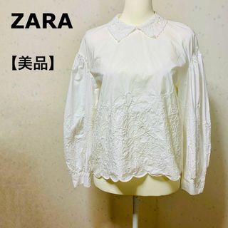 ザラ(ZARA)の【美品】 ZARA ザラ 刺繍付きブラウス ホワイト バルーンスリーブ(シャツ/ブラウス(長袖/七分))