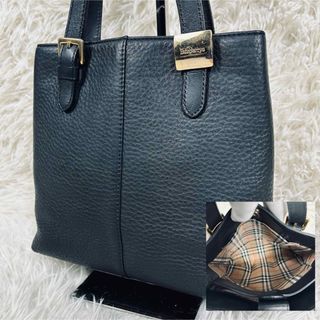 バーバリー(BURBERRY)の【美品】バーバリー　トートバッグ　ノバチェック　ゴールド金具　レザー　ブラック(トートバッグ)