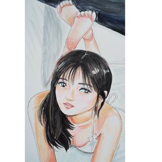 手描きイラスト、ベッドの女性(アート/写真)