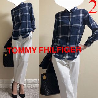 TOMMY HILFIGER - トミーヒルフィガー  柔らか　レーヨン　チェック　シャツ　長袖　ロゴ　2 SM