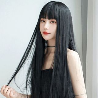 カツラ ロング ストレート 黒 さらさら ネット付き 耐熱 レディース ブラック(ロングストレート)