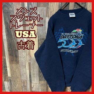 メンズ トレーナー L ネイビー プリント USA古着 長袖 スウェット(スウェット)