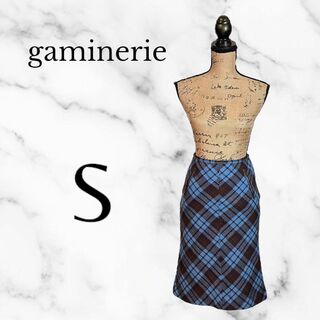 ギャミヌリィ(gaminerie)の【gaminerie】ウールタイトスカート　チェック　裏地　日本製　ブルー　S(ひざ丈スカート)