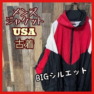 ナイロン ブルゾン メンズ レッド 2XL ゆるだぼ 古着 長袖 ジャケット(ナイロンジャケット)