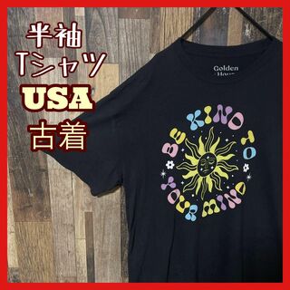 太陽 アート プリント L メンズ ブラック USA古着 半袖 Tシャツ(Tシャツ/カットソー(半袖/袖なし))