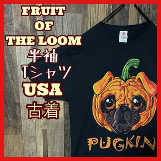 フルーツオブザルーム(FRUIT OF THE LOOM)のブラック メンズ アニマル パグ ハロウィン フルーツオブザルーム M Tシャツ(Tシャツ/カットソー(半袖/袖なし))