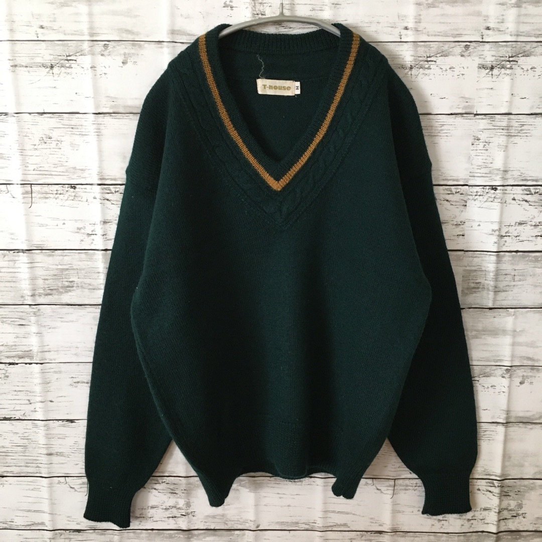 ART VINTAGE(アートヴィンテージ)の【希少】T-HOUSE ニット セーター M 緑 古着 ヴィンテージ メンズのトップス(ニット/セーター)の商品写真