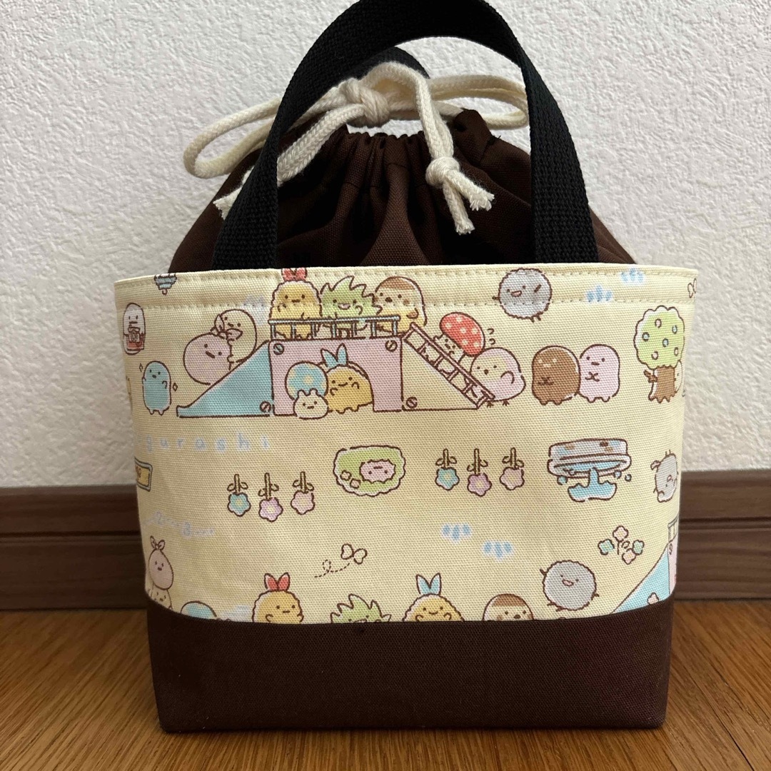 ハンドメイド お弁当袋 保冷保温 ランチトートバック 【 15】薄黄色×茶 キッズ/ベビー/マタニティのこども用バッグ(ランチボックス巾着)の商品写真