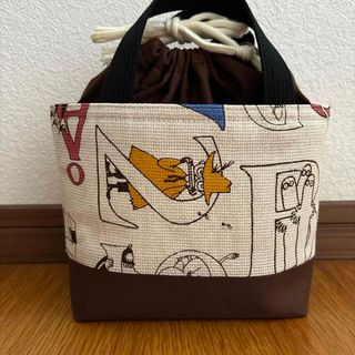 ハンドメイド お弁当袋 保冷保温 ランチトートバック【 16】ベージュ×茶(ランチボックス巾着)