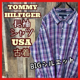 トミーヒルフィガー(TOMMY HILFIGER)のトミーヒルフィガー パープル メンズ 2XL チェック シャツ USA古着 長袖(シャツ)