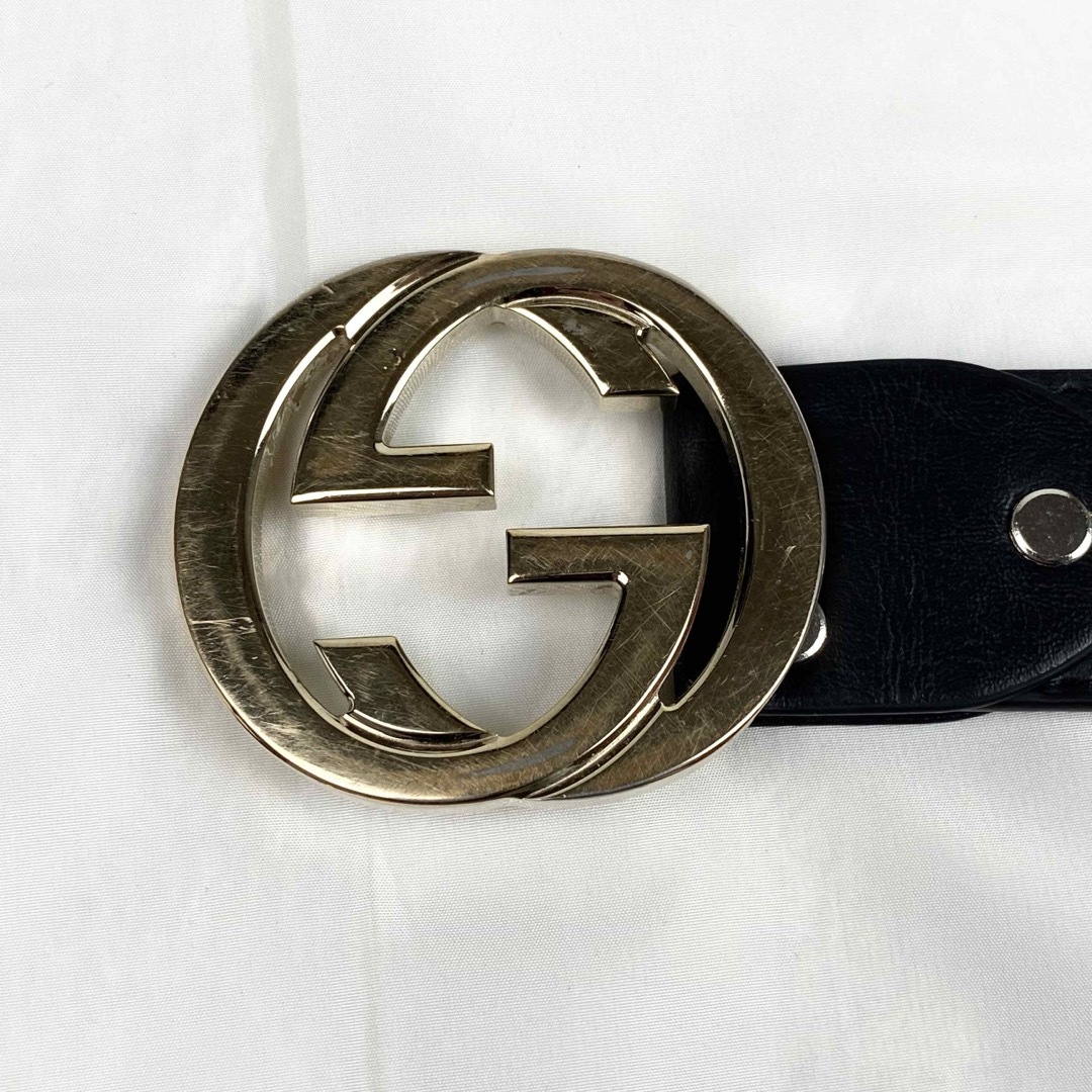 GUCCI ベルト　インターロッキング　GG金具　ゴールド金具　ブラック　レザー