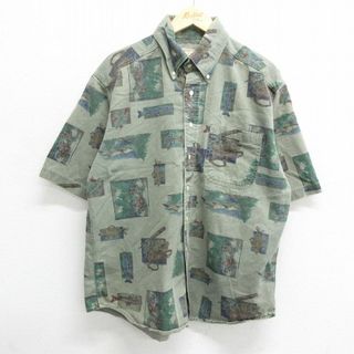 WOOLRICH - XL★古着 ウールリッチ WOOLRICH 半袖 シャツ メンズ 00年代 00s 魚 ルアー コットン ボタンダウン 緑他 グリーン 24apr18 中古 トップス