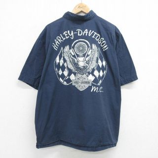 Harley Davidson - XL★古着 ハーレーダビッドソン Harley Davidson 半袖 シャツ メンズ ワシ バイク 大きいサイズ コットン 紺 ネイビー 24apr18 中古 トップス