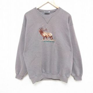 ヘインズ(Hanes)のL★古着 ヘインズ Hanes 長袖 スウェット メンズ 90年代 90s シカ 刺繍 クルーネック USA製 濃グレー 24apr18 中古 スエット トレーナー トップス(パーカー)