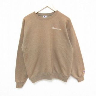 チャンピオン(Champion)のM★古着 チャンピオン Champion 長袖 スウェット メンズ 90年代 90s ワンポイントロゴ クルーネック 薄茶 ブラウン 24apr18 中古 スエット トレーナー トップス(パーカー)